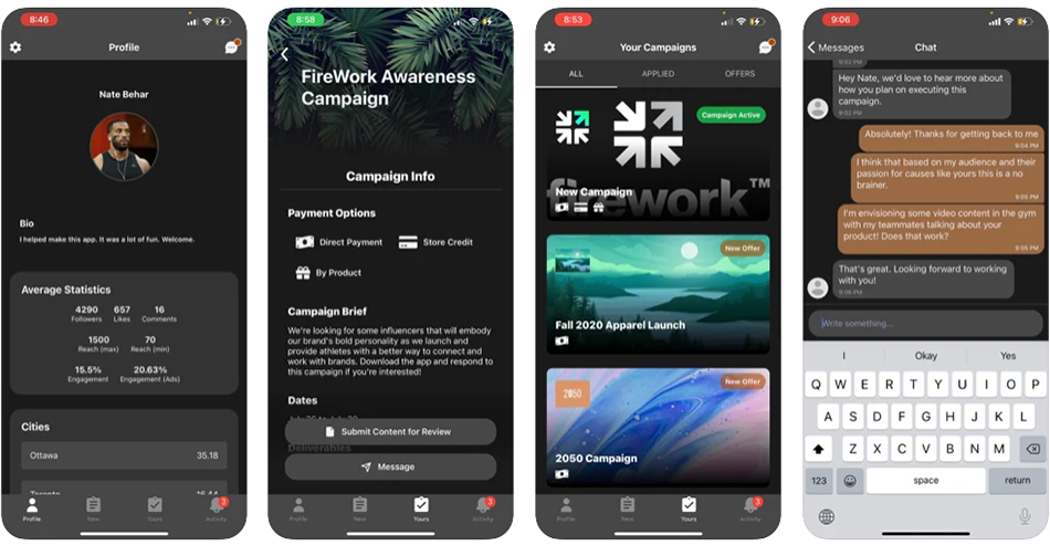 Various screenshots of the FireWork app