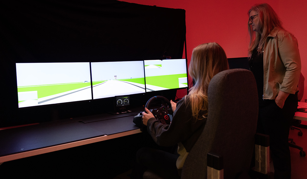A from the back view of a person using a driving simulator, with two hands on the wheel.
